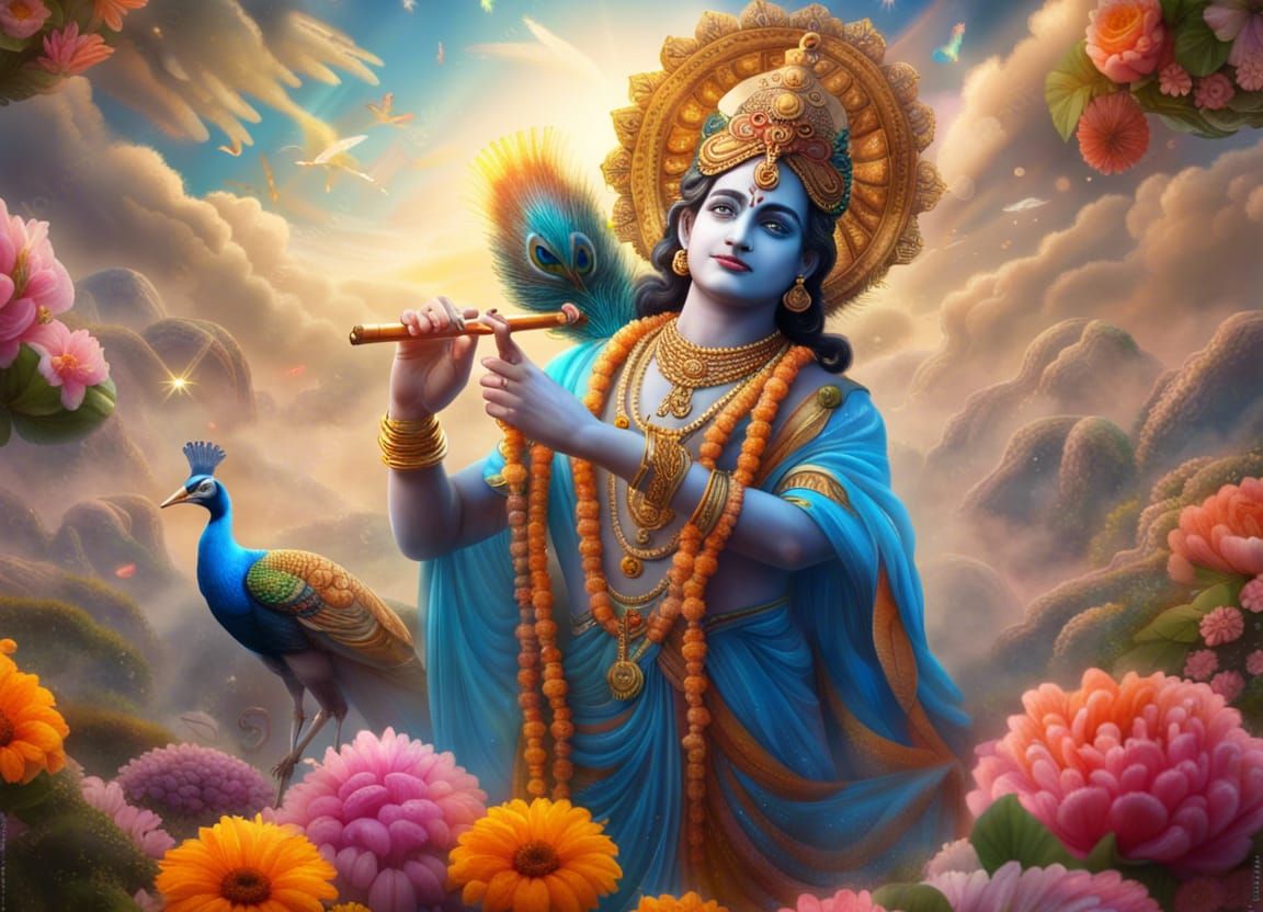 Lord Krishna standing in clouds plying a golden flute.  Two extremely beautiful peacocks around him.  Lots of flower aro...