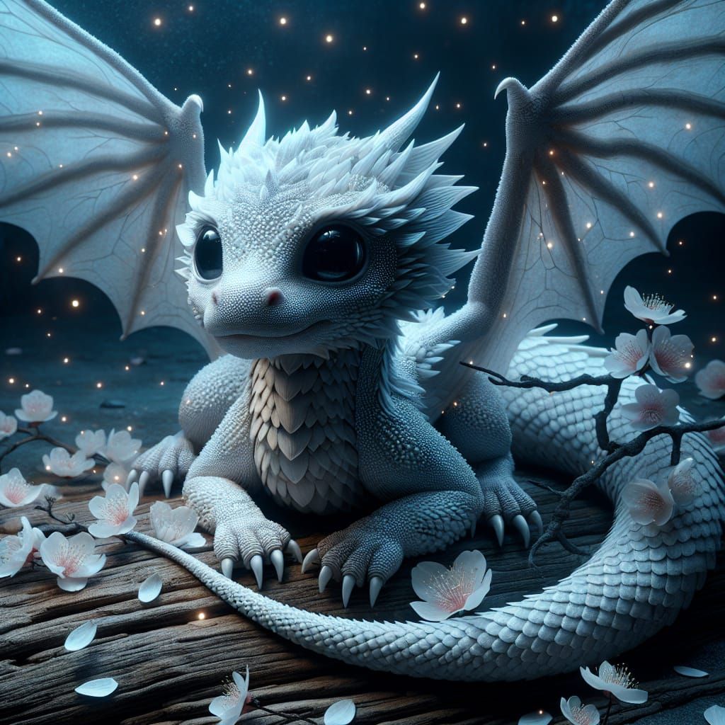 Enchanting Baby White Dragon with Sakura Petals