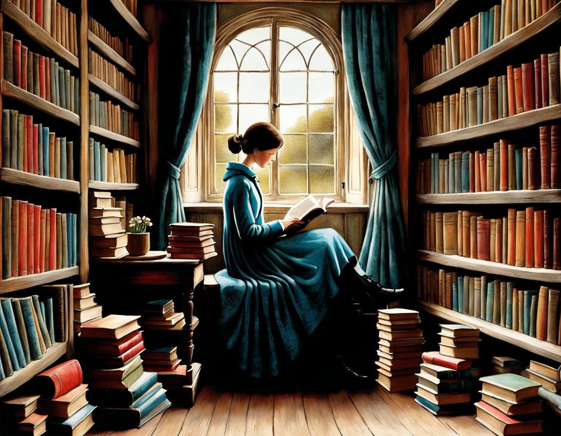 Whimsical Reader Surrounded by Books Illustration