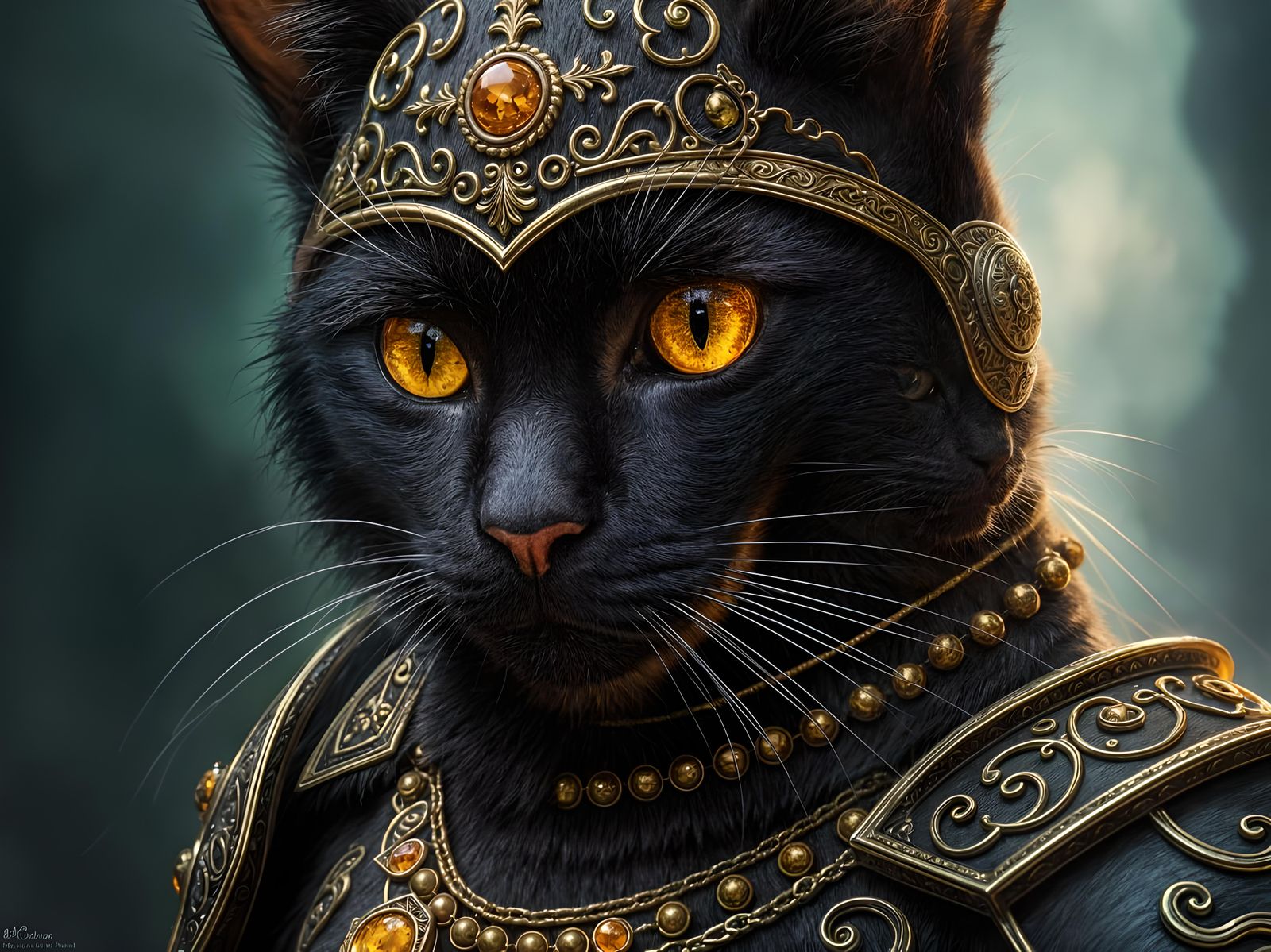 Armored Black Cat Warrior with Amber Eyes