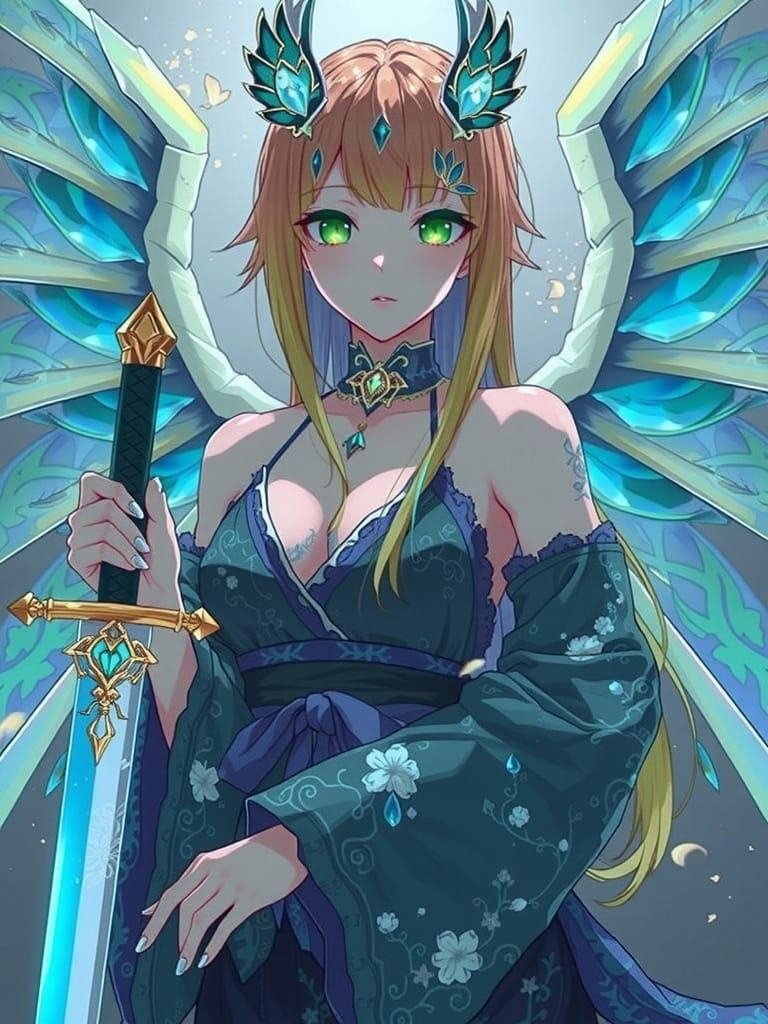 Anime Goddess with Dragon Wings and Elegant Kimono