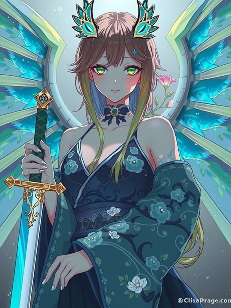 Anime Goddess with Dragon Wings and Majestic Kimono