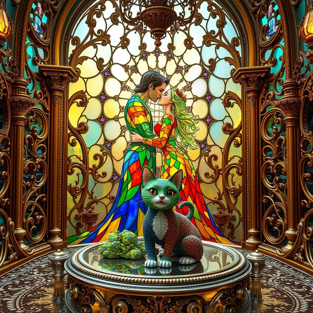 Surreal, Living-Stained-Glass Lovers in an Ornate, Luxury Se...