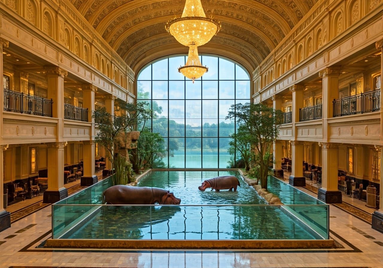 Luxurious Hall with African Riverbank and Hippos