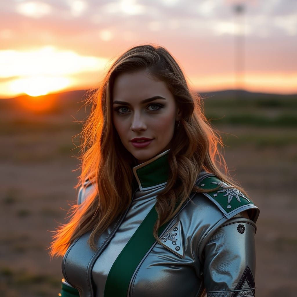 Glowing Woman in Futuristic Uniform at Sunset