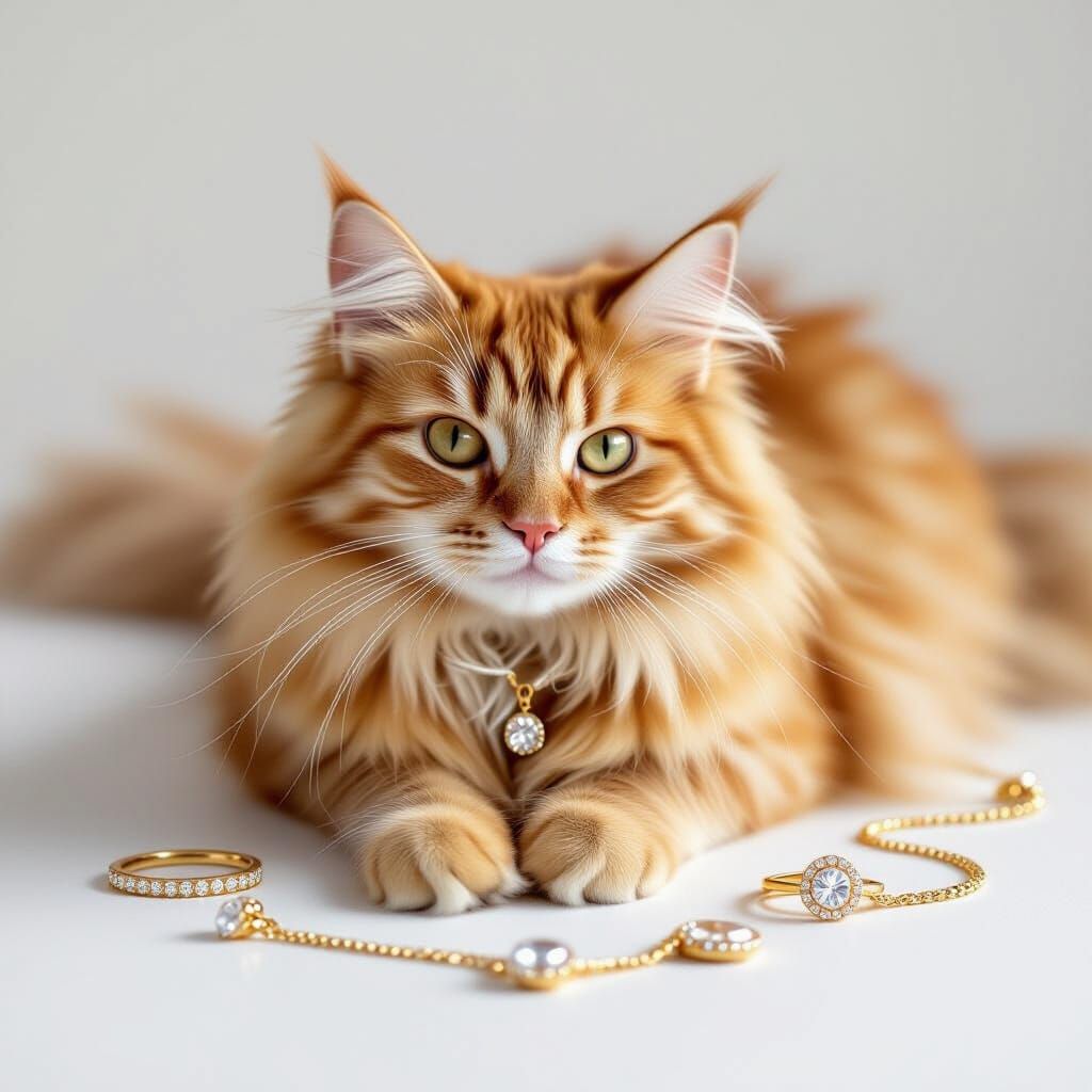 Ginger Cat Poses with Luxury Jewelry in Studio