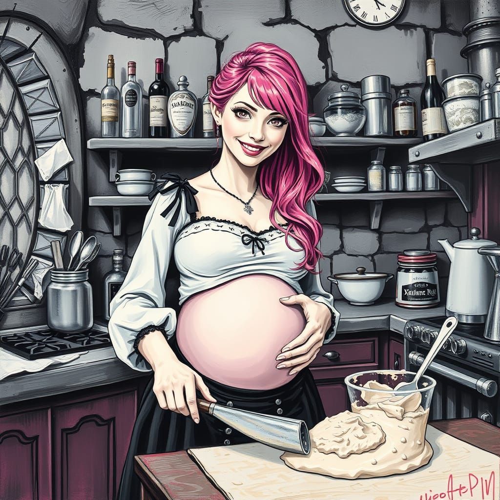 Gothic Goddess Bakes with Joy in a Neo-Impressionist Kitchen