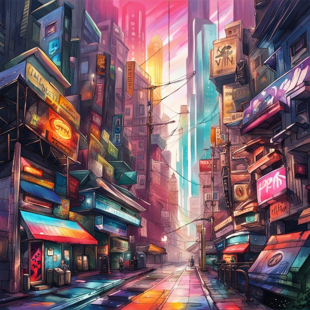 Colorful Anime City with Graffiti Art