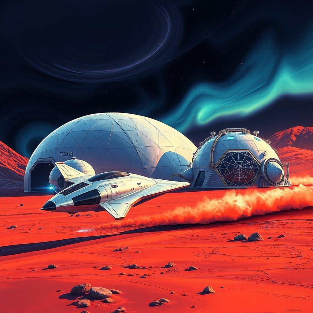 Sleek Spacecraft Lands Near Futuristic Mars Base in Cosmic L...