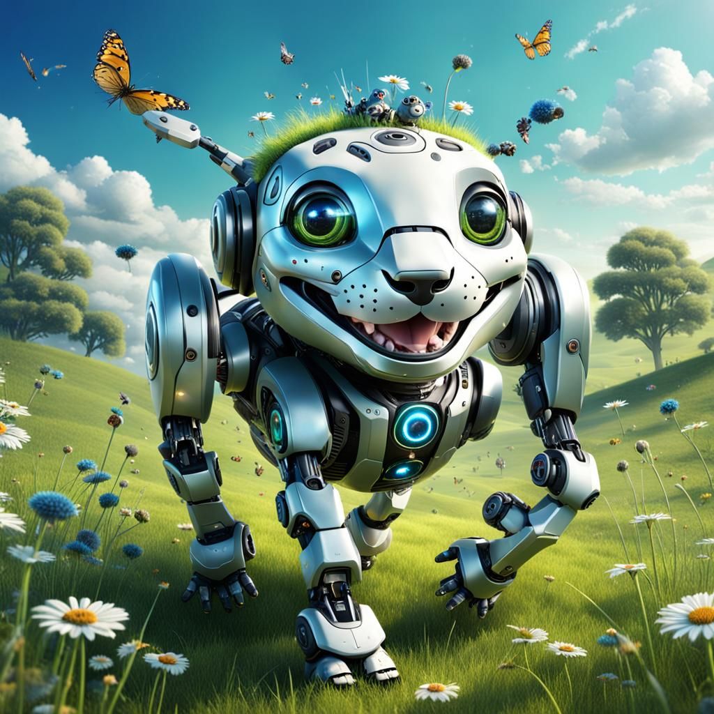 Cyborg Animals Play in a Meadow