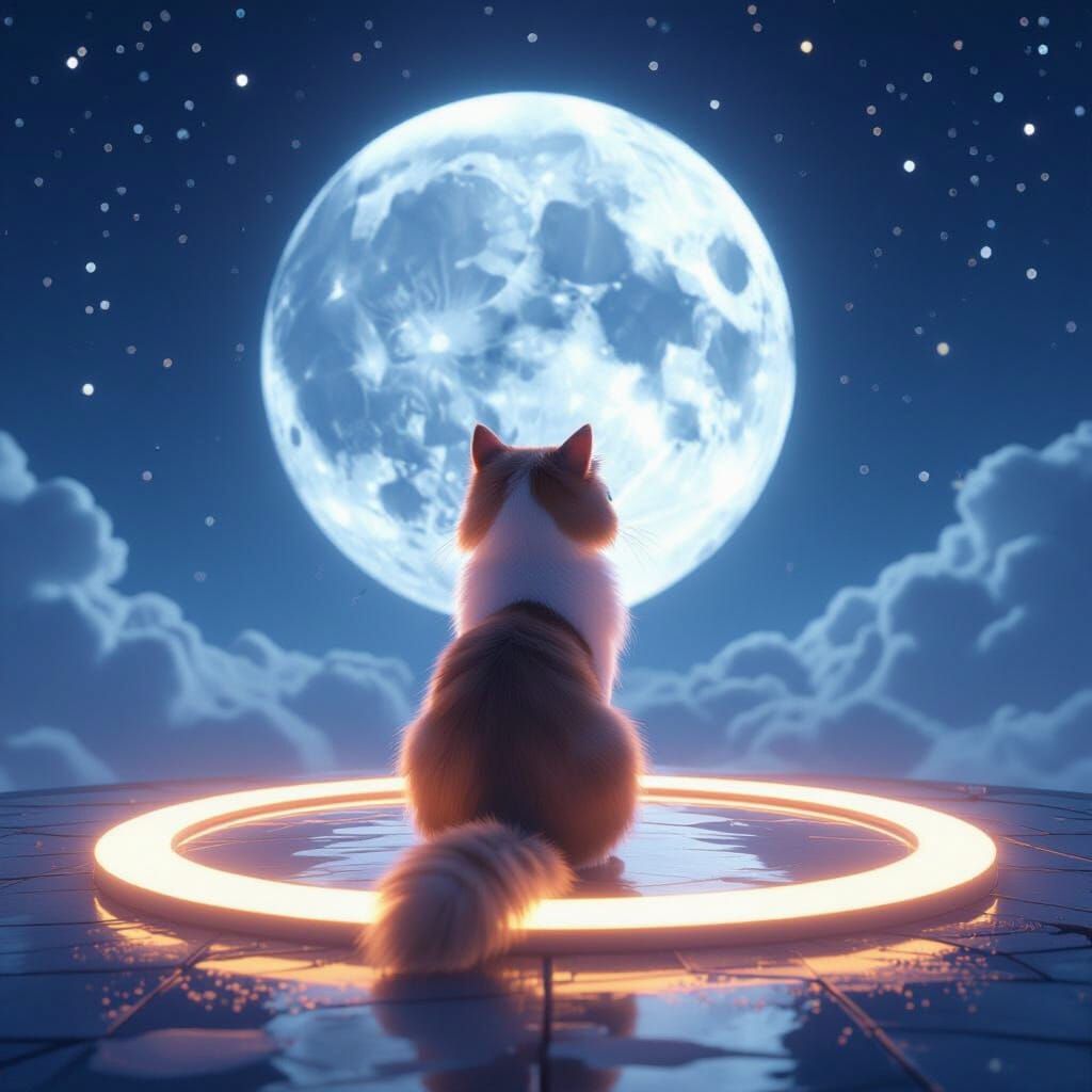 Cat on Portal Gazing at Starry Moonlit Sky