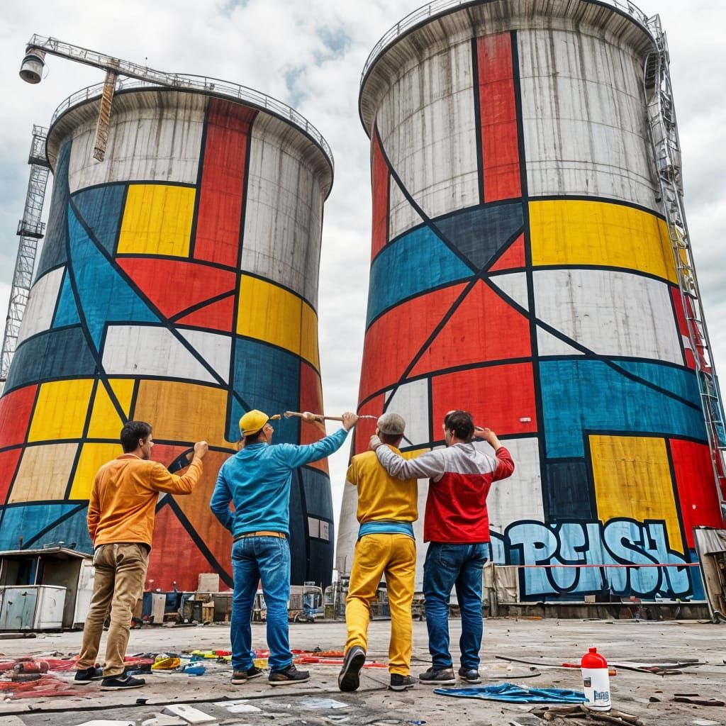 Geometric Cooling Towers in Piet Mondrian Style