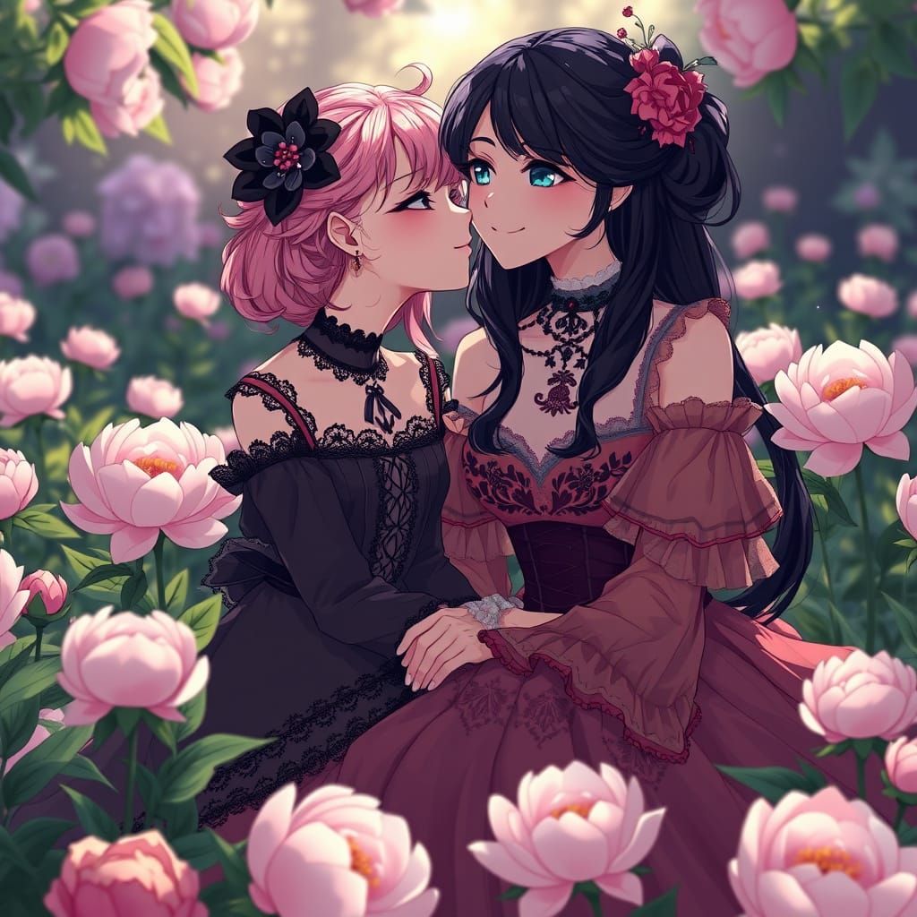 Romantic Gothic Goddesses Share a Kiss in Vibrant Peony Gard...