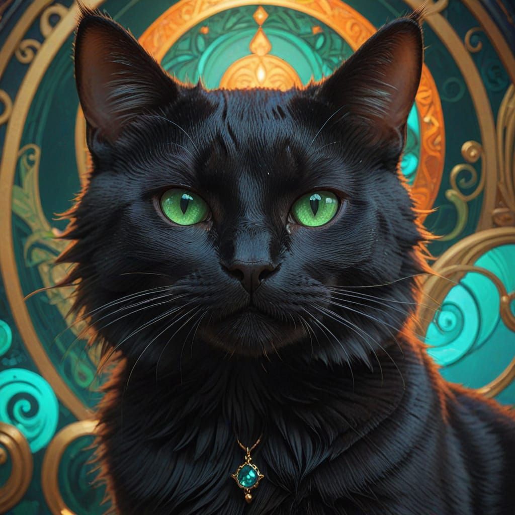 Mystical Green Eyes of a Black Cat in Triadic Colors