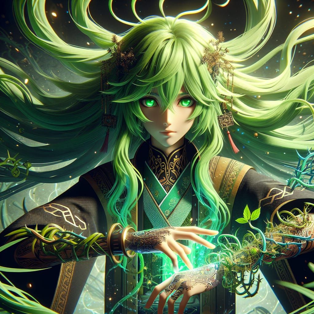 Anime Elementalist Conjuring Vines with Elemental Tattoos
