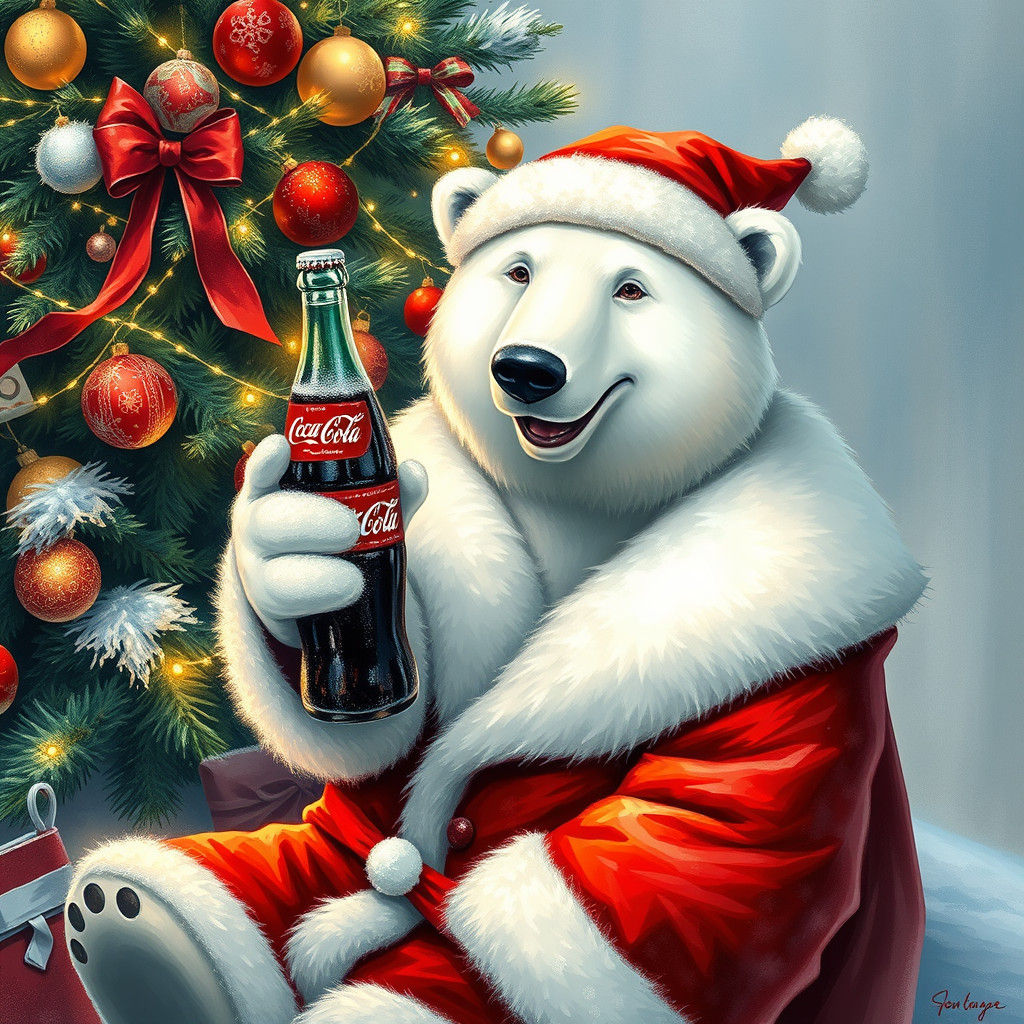 Polar Bear Santa Claus Cheers with Coca-Cola