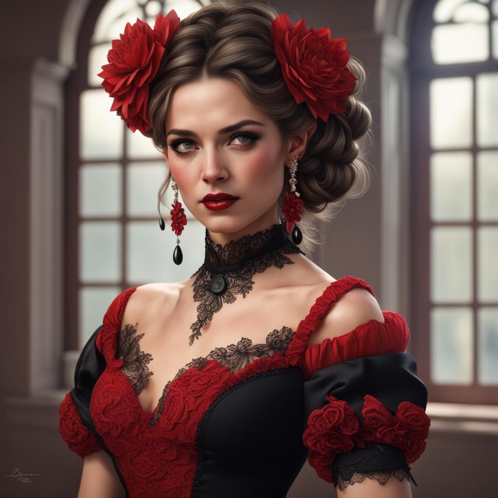 Hyperrealistic Spanish Beauty in Red and Black Dress