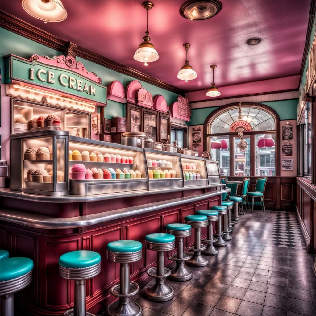 Hyperrealistic Old Fashioned Ice Cream Parlor in HDR