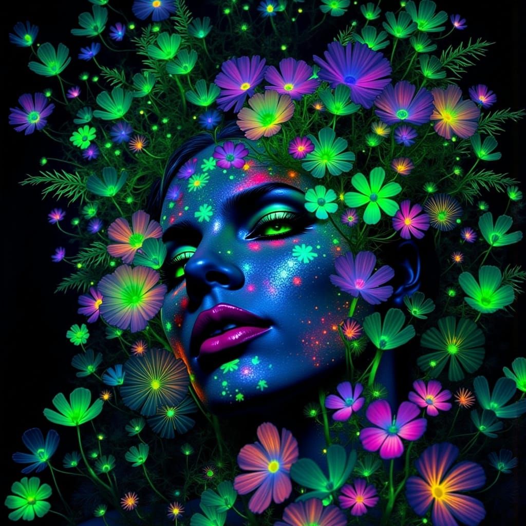 Psychedelic Hippy in Bioluminescent Kaleidoscope Forest