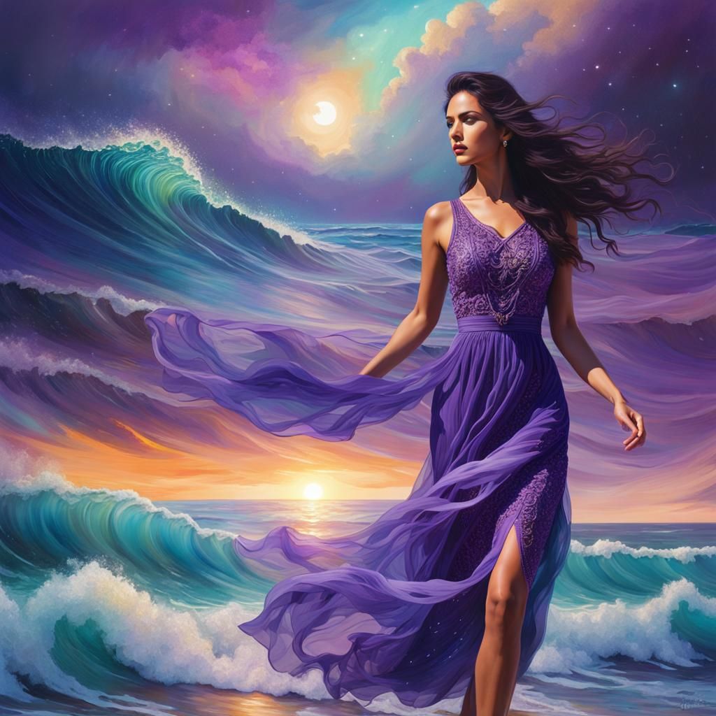 Woman in Purple Dress Walking on Shoreline