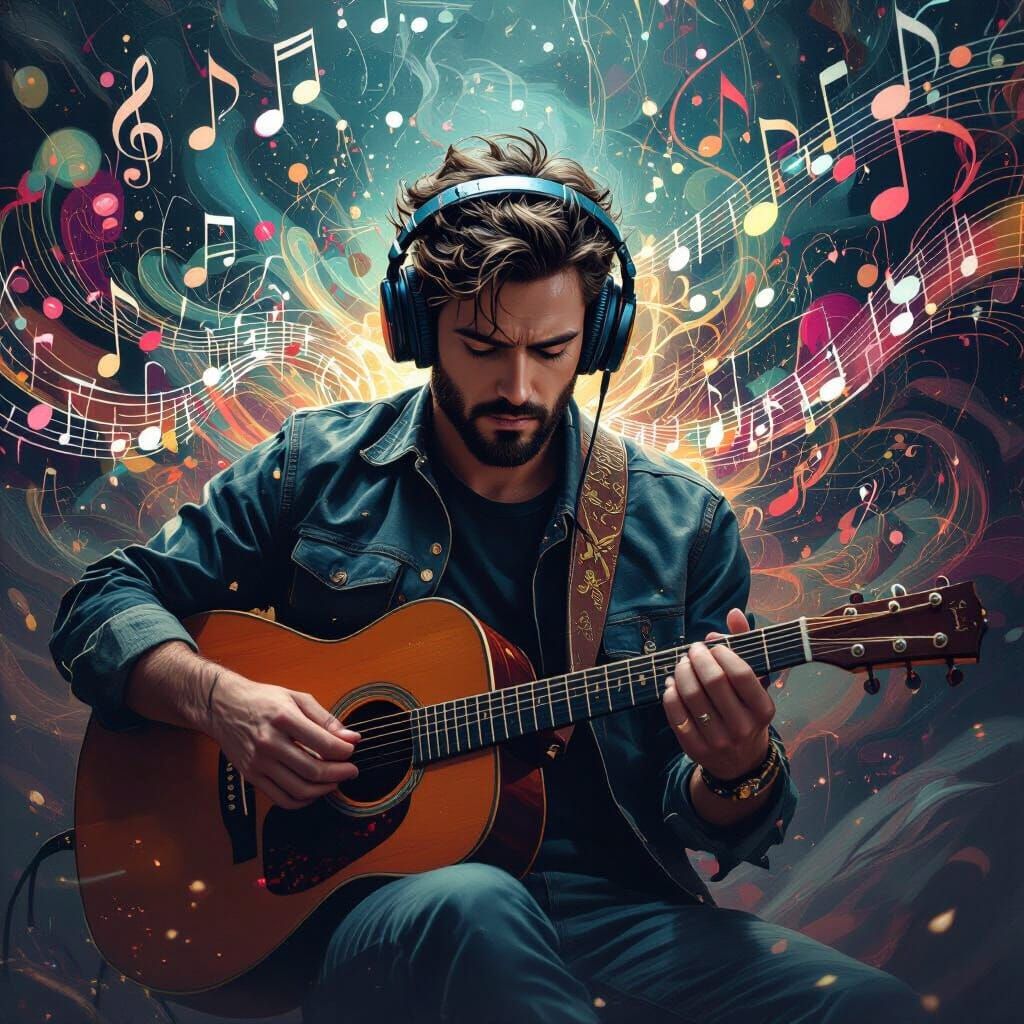Musician Writing Song With Guitar And Headphones