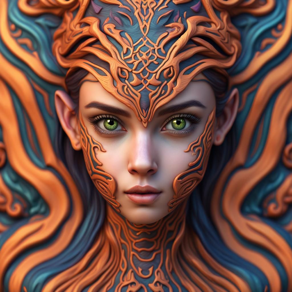 Cute Celtic Girl with Tiger Stripes in Geometric Style