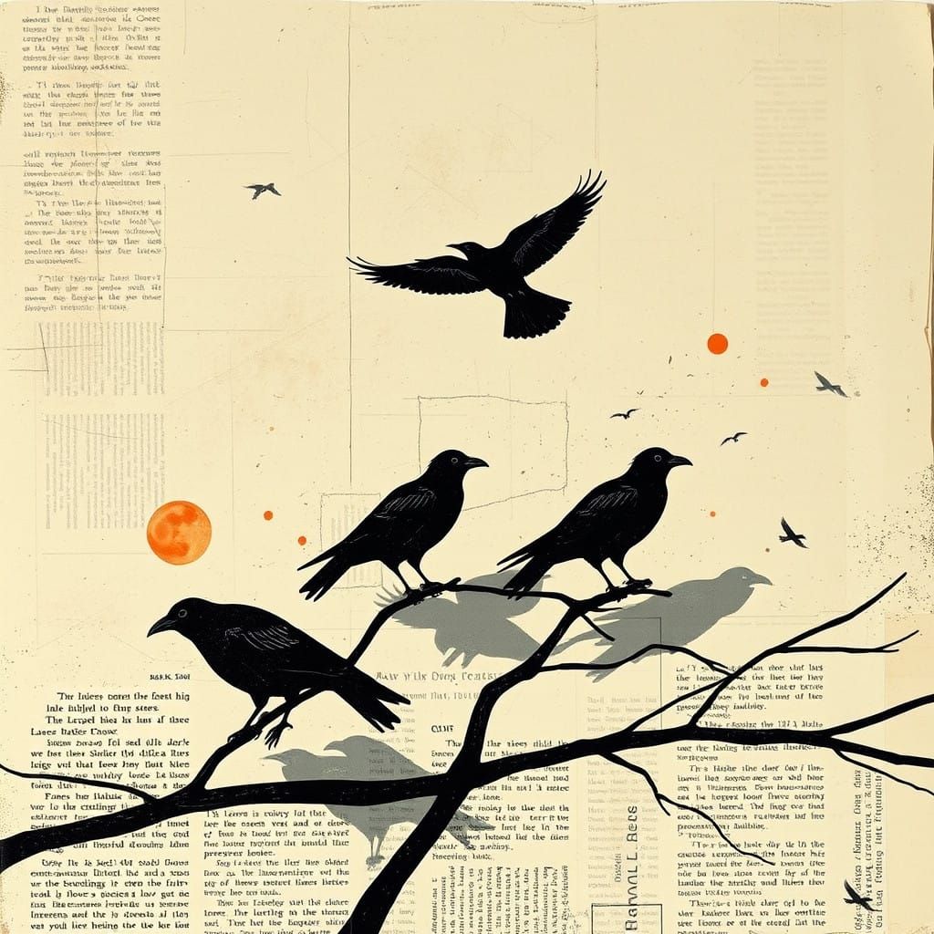 Abstract Crows in Shadows, Minimalist Newspaper Collage