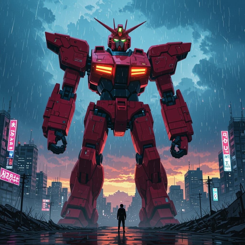 Giant Red Mecha with Face Torso in Neon City