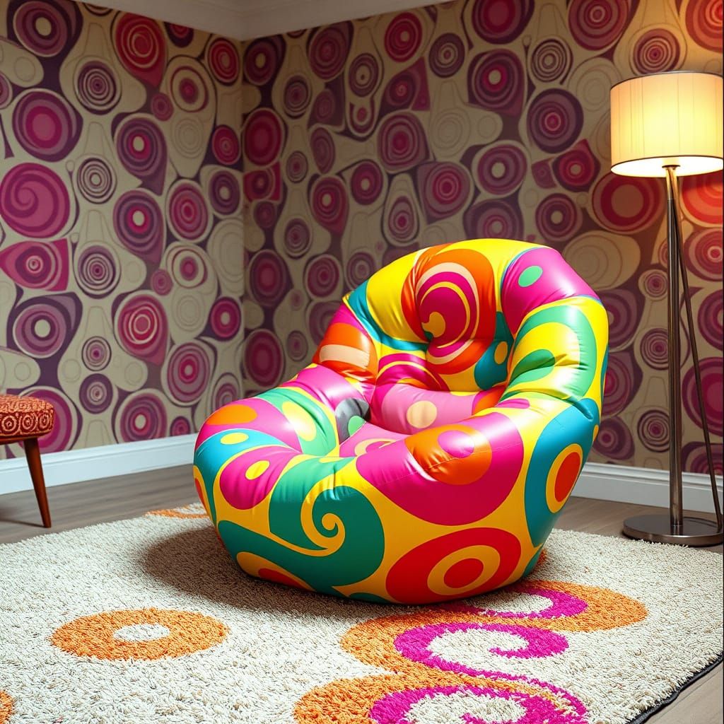 Vibrant 1960s-Inspired Retro-Futuristic Living Room Scene