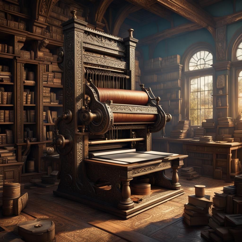 Ancient Printing Press: Hyperdetailed Photorealistic Concept...