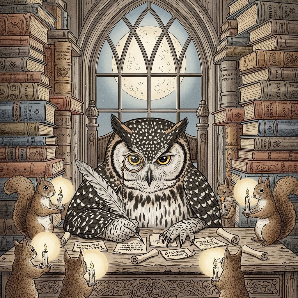 Stoic Owl Practices Calligraphy Under Moonlight