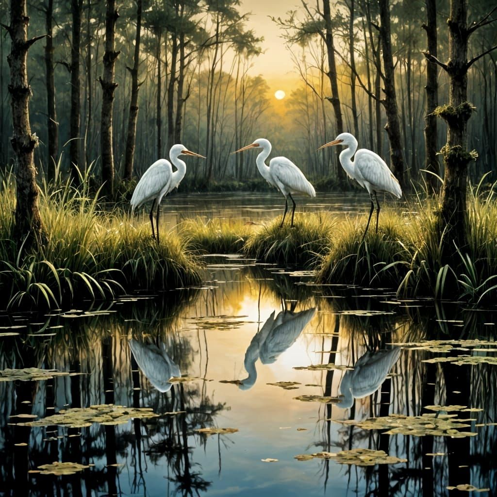 Egrets in Florida Swamp Sunset, Painterly Style