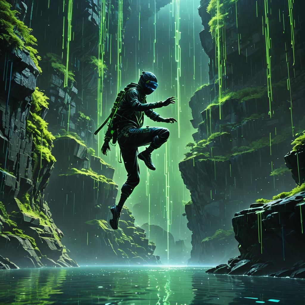 Ninja Dive into Neon Binary Pool in Cinematic Style