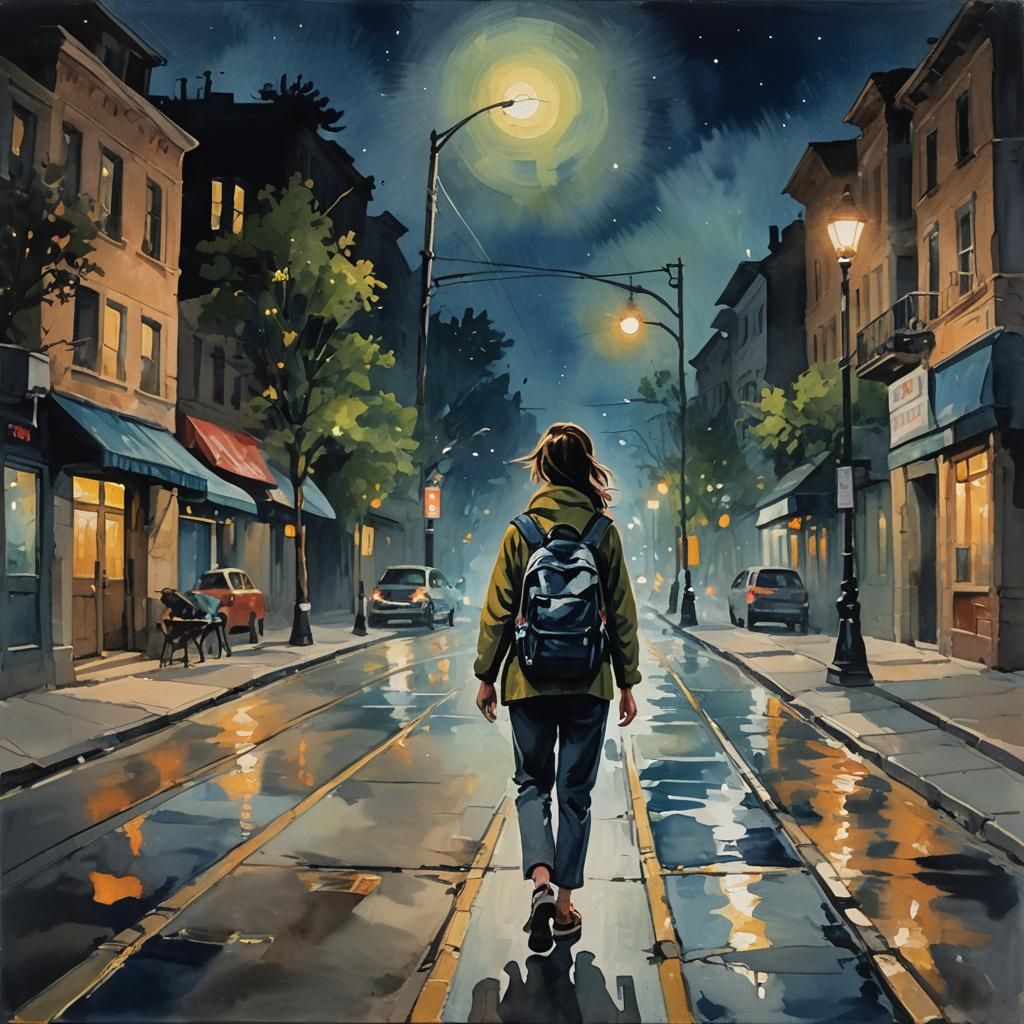 Impressionist Woman with Camera at Night in Gouache