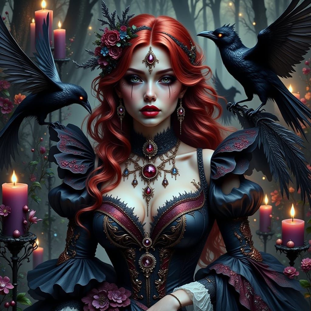 Gothic Woman Portrait with Crows in Dark Victorian Style