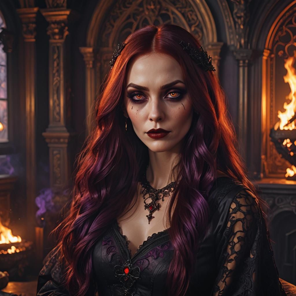 Beautiful Vampire Woman in Gothic Interior