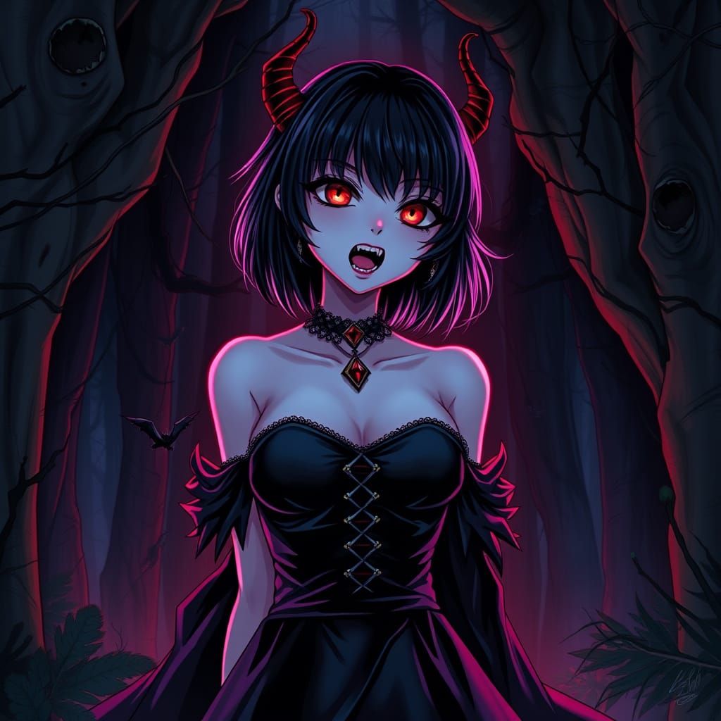 Anime Vampire Girl in Mystical Forest