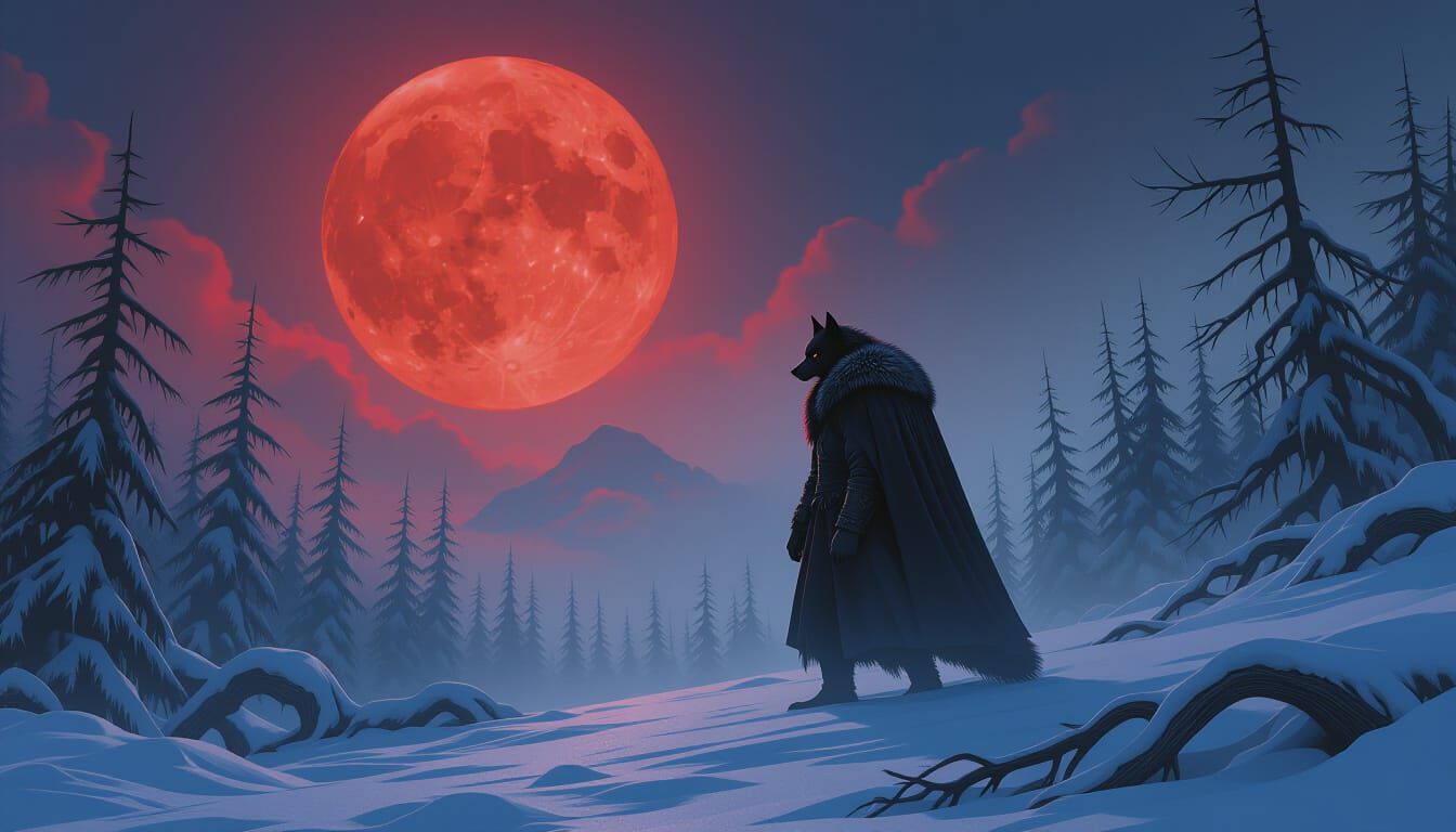 Majestic Black Werewolf in a Winter Landscape