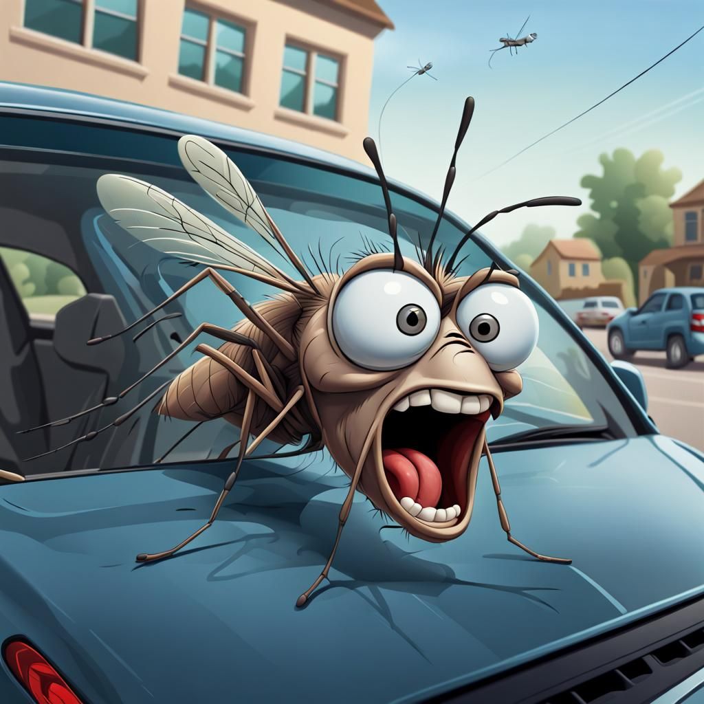 Humorous Mosquito Caricature on a Windshield
