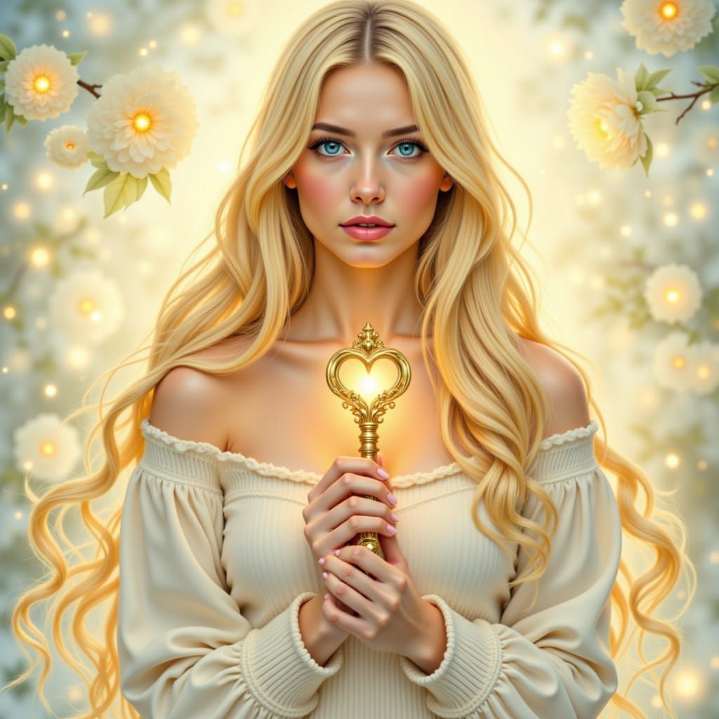 Woman Holding Golden Key in Ethereal Pastel Swirls