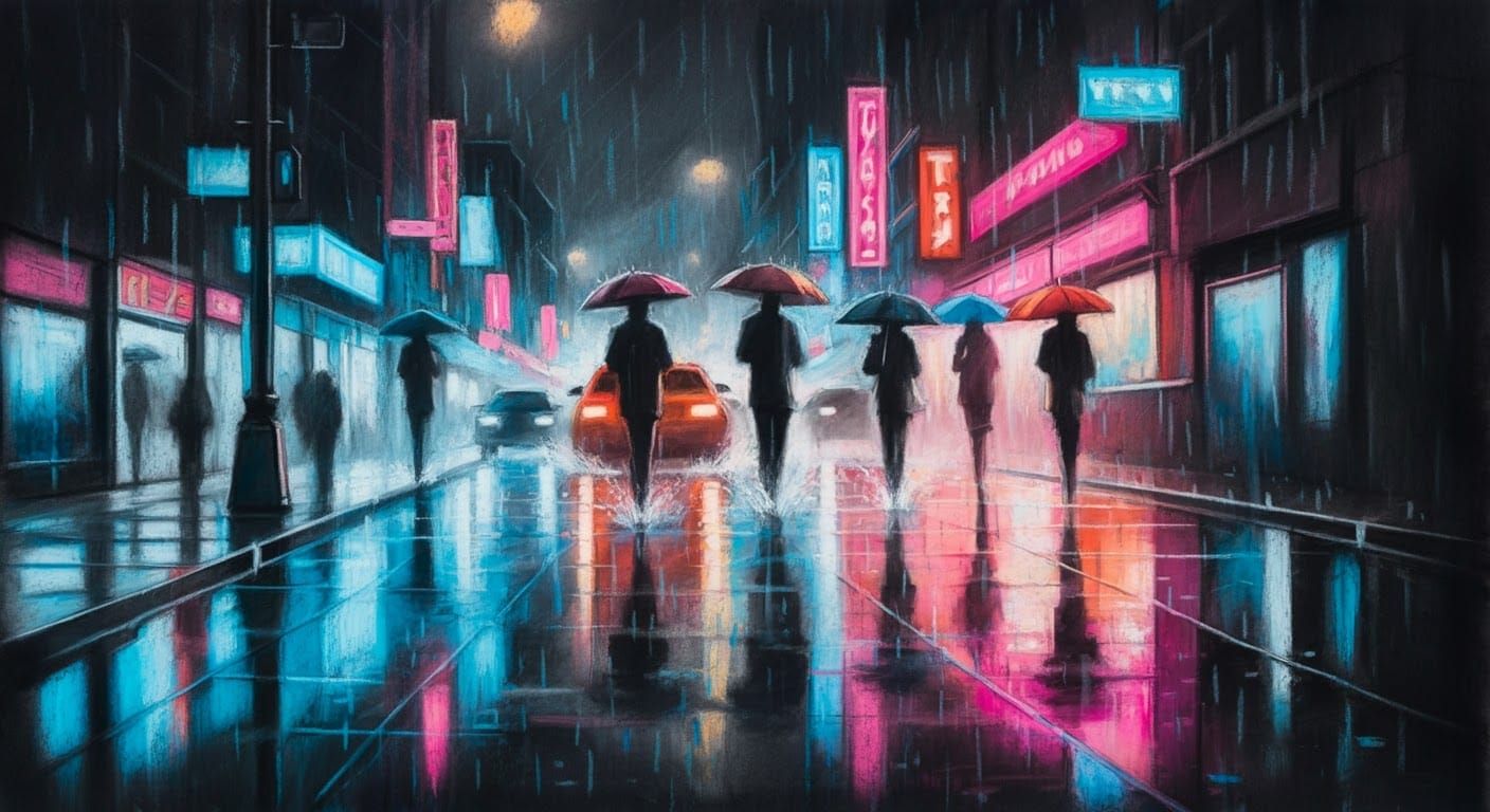 Neon Reflections on a Rainy City Street, Charcoal Art