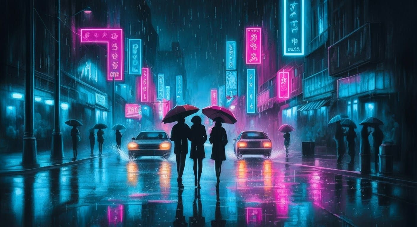 Neon Reflections in Rainy Cityscape, Cyberpunk Style