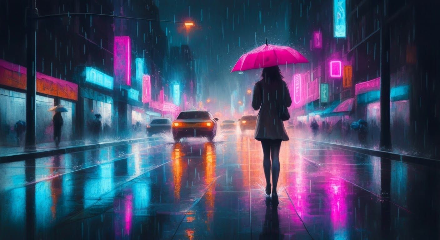 Rainy Cityscape with Neon Reflections in Gritty Charcoal Sty...