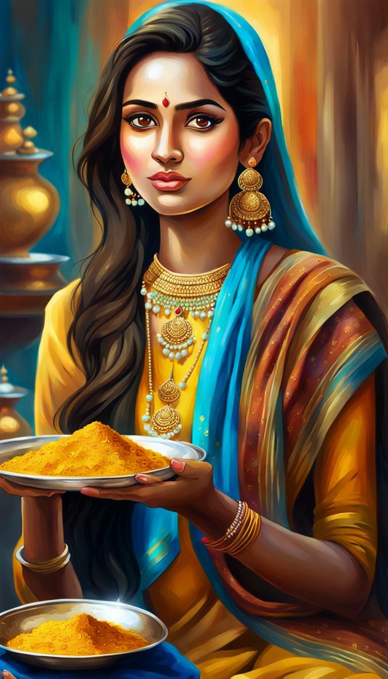 Indian Woman with Biryani in Oil Painting Style
