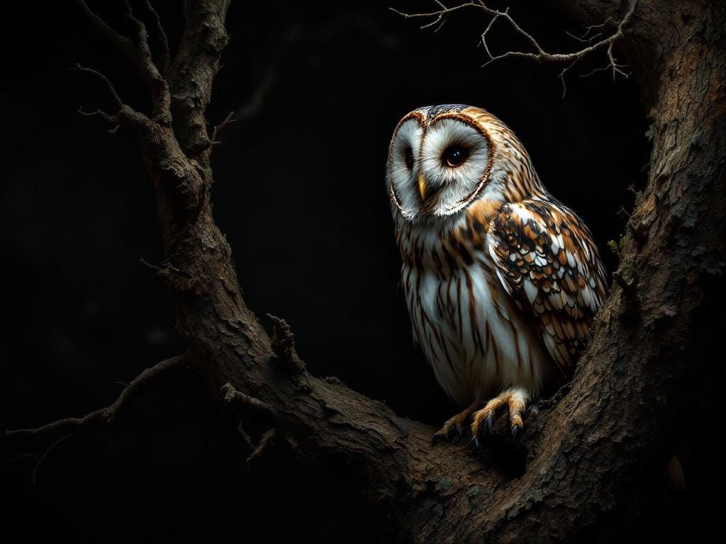 Ural Owl in Tree, Chiaroscuro Lighting, 17th Century Style