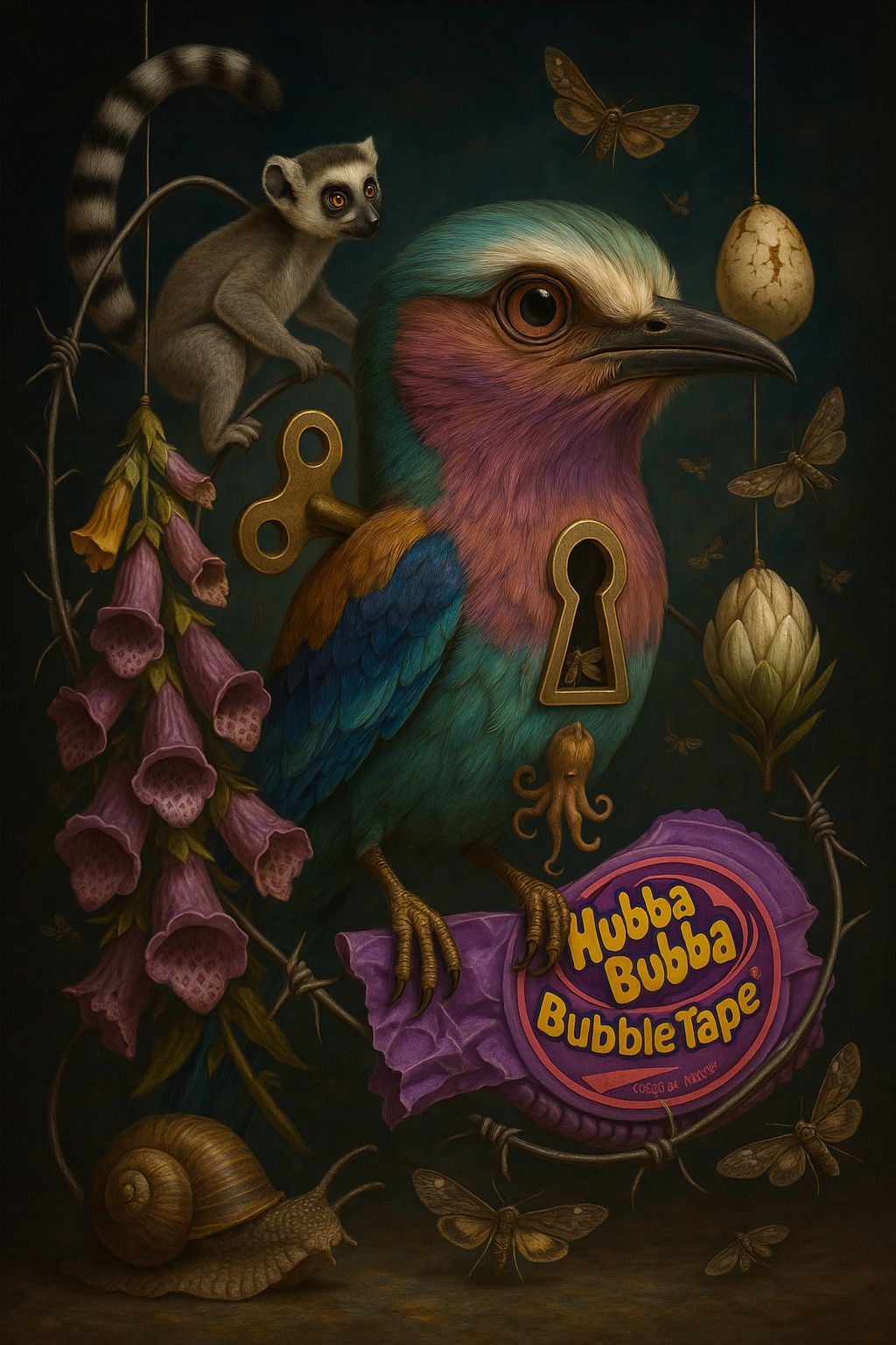 Pop Surrealist Bird with Lemur and Barbed Wire