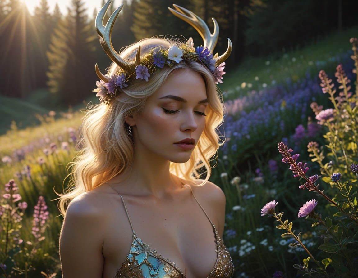 Ethereal Floral Goddess in Alpine Sunset