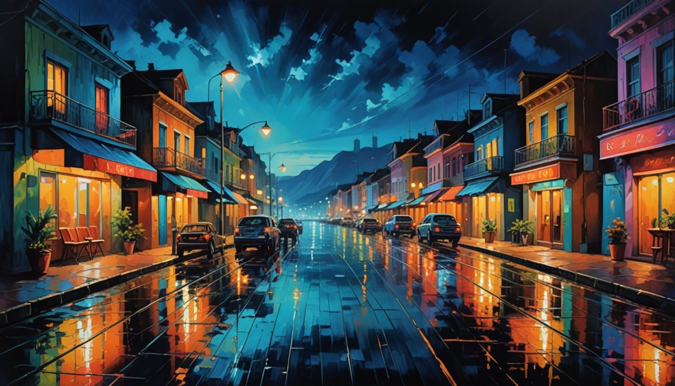 Seaside Boulevard at Night in Vibrant Oil Painting Style