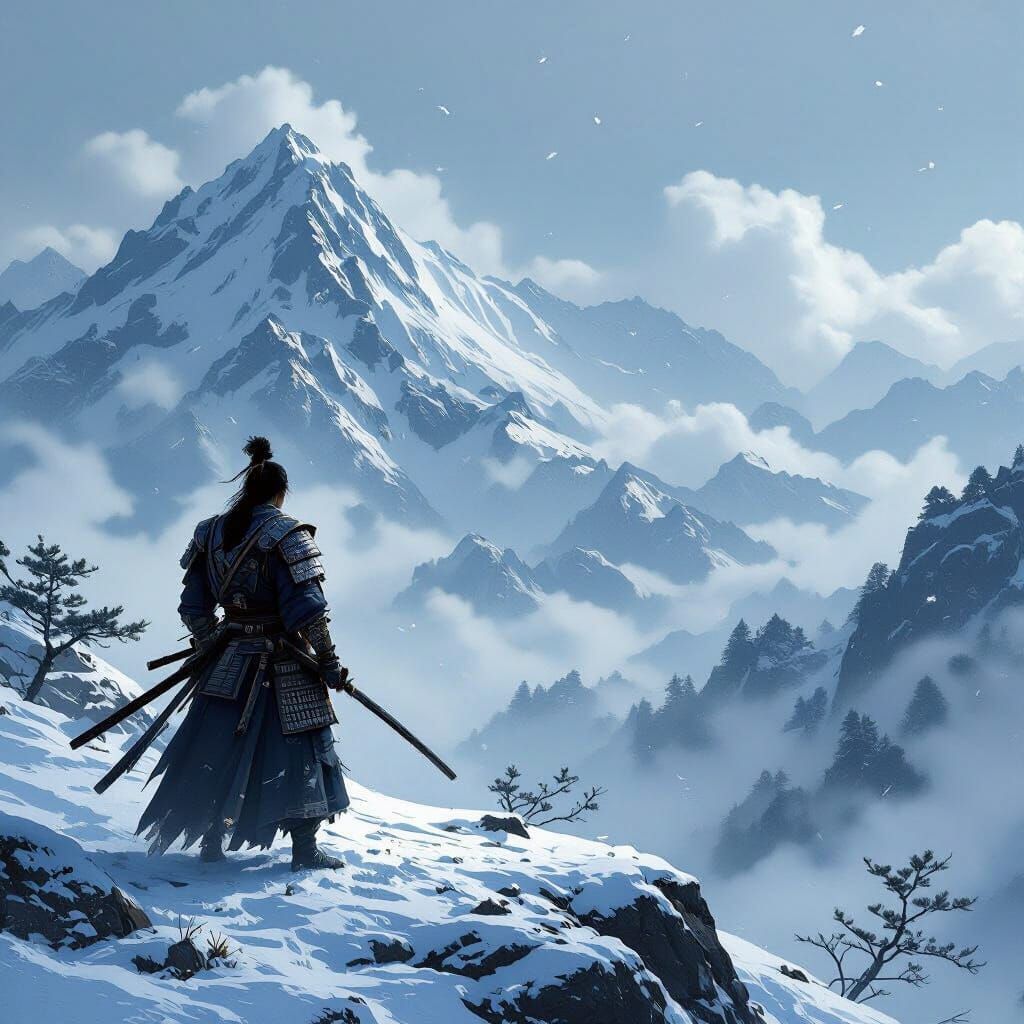 Samurai on Snowy Peak in Gritty, Dramatic Style