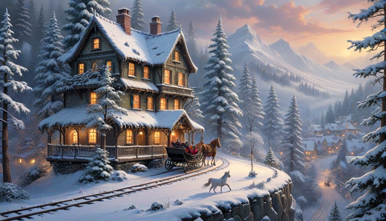 Magical Christmas Village Horse-Drawn Sleigh Inside Pine Tre...